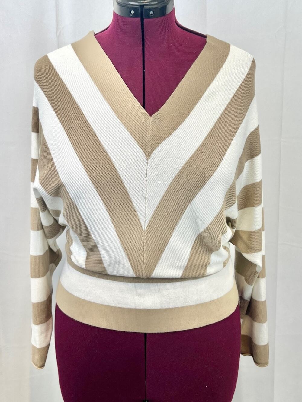 ABLE Los Angeles Striped Dana Sweater V Neck Dolman Sleeve Taupe Cream Size M